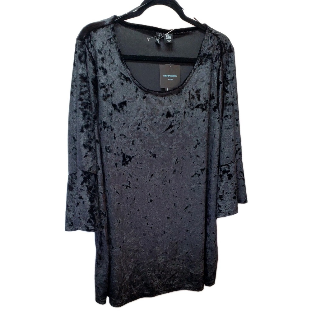 Cynthia Rowley 2X Black Crushed Velvet Tunic Bell Sleeve Scoop‎ Neck NWT Gothic